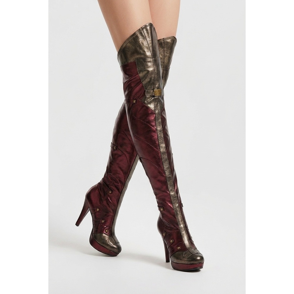 Wonder Metallic Red Gold Thigh High Superhero Cosplay Boots 8